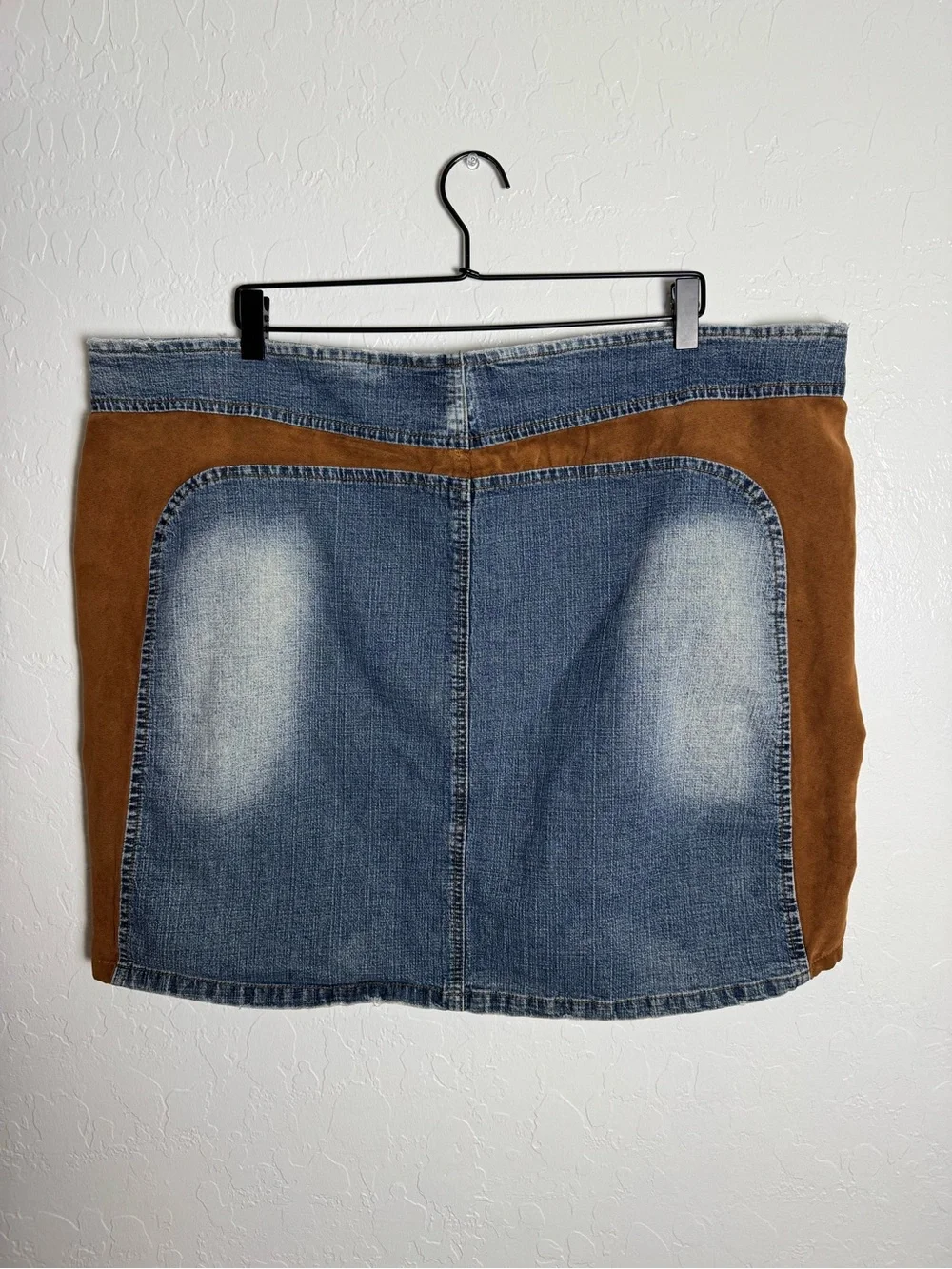 Vintage Y2K Dollhouse Denim Mini Skirt Brown Suede Panels Stretch